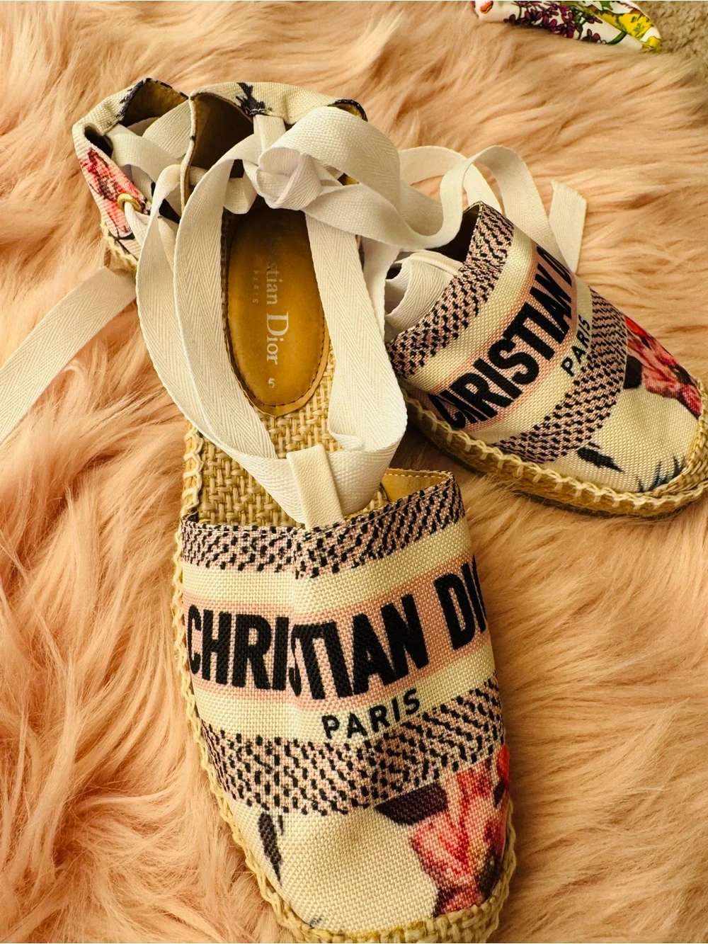 Beige & Pink Floral Espadrille Flats